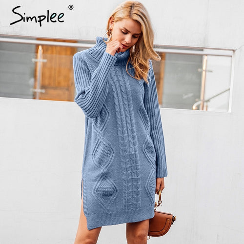 Turtleneck High Split Sweater Dress