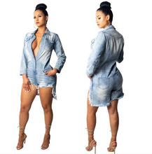 Load image into Gallery viewer, Ripped Denim Romper Jumpsuit