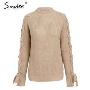 Knitted Lace Up Pullover Sweater