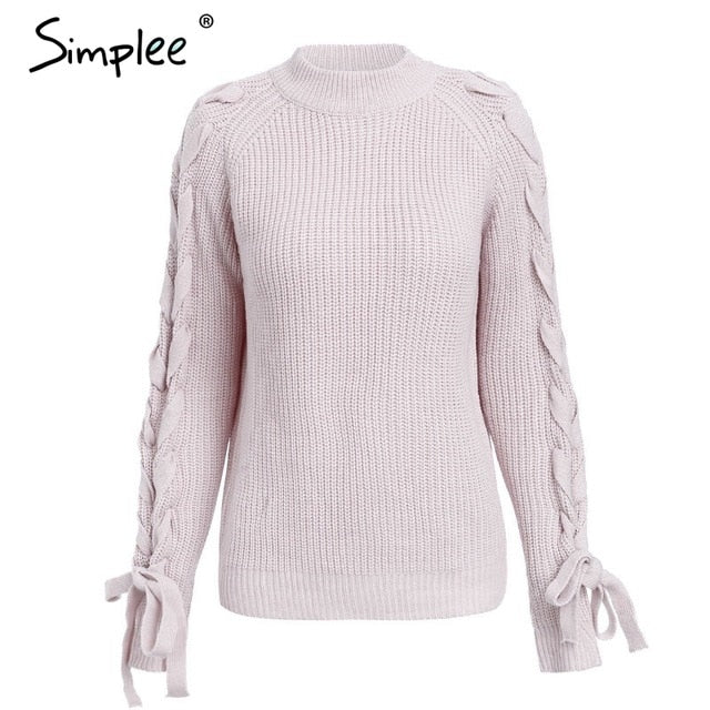 Knitted Lace Up Pullover Sweater