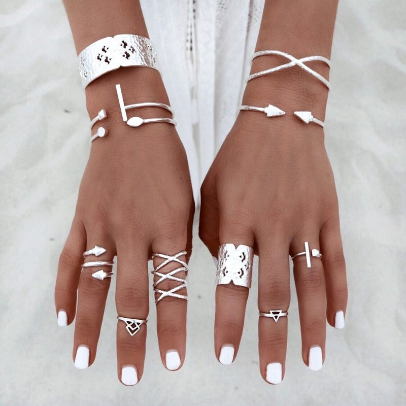 8pc Silver Geometric Ring Set