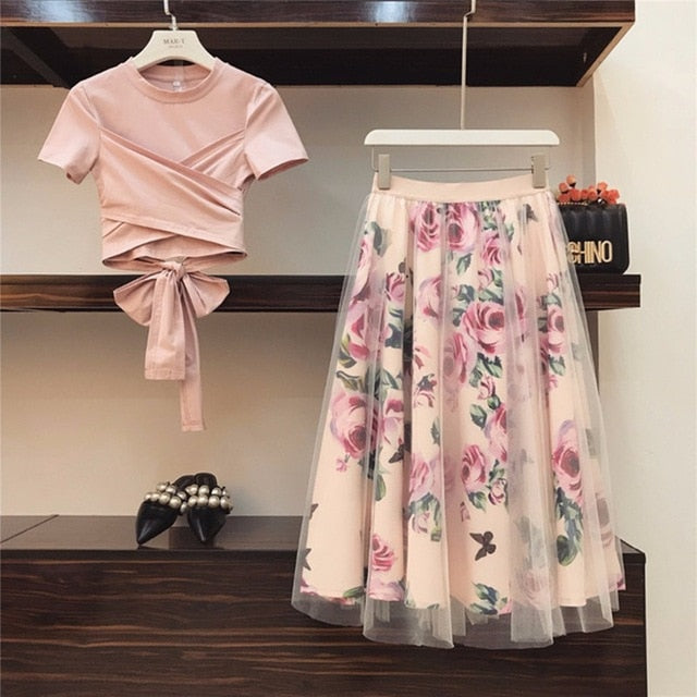 Bowknot Vintage Floral Skirt Set